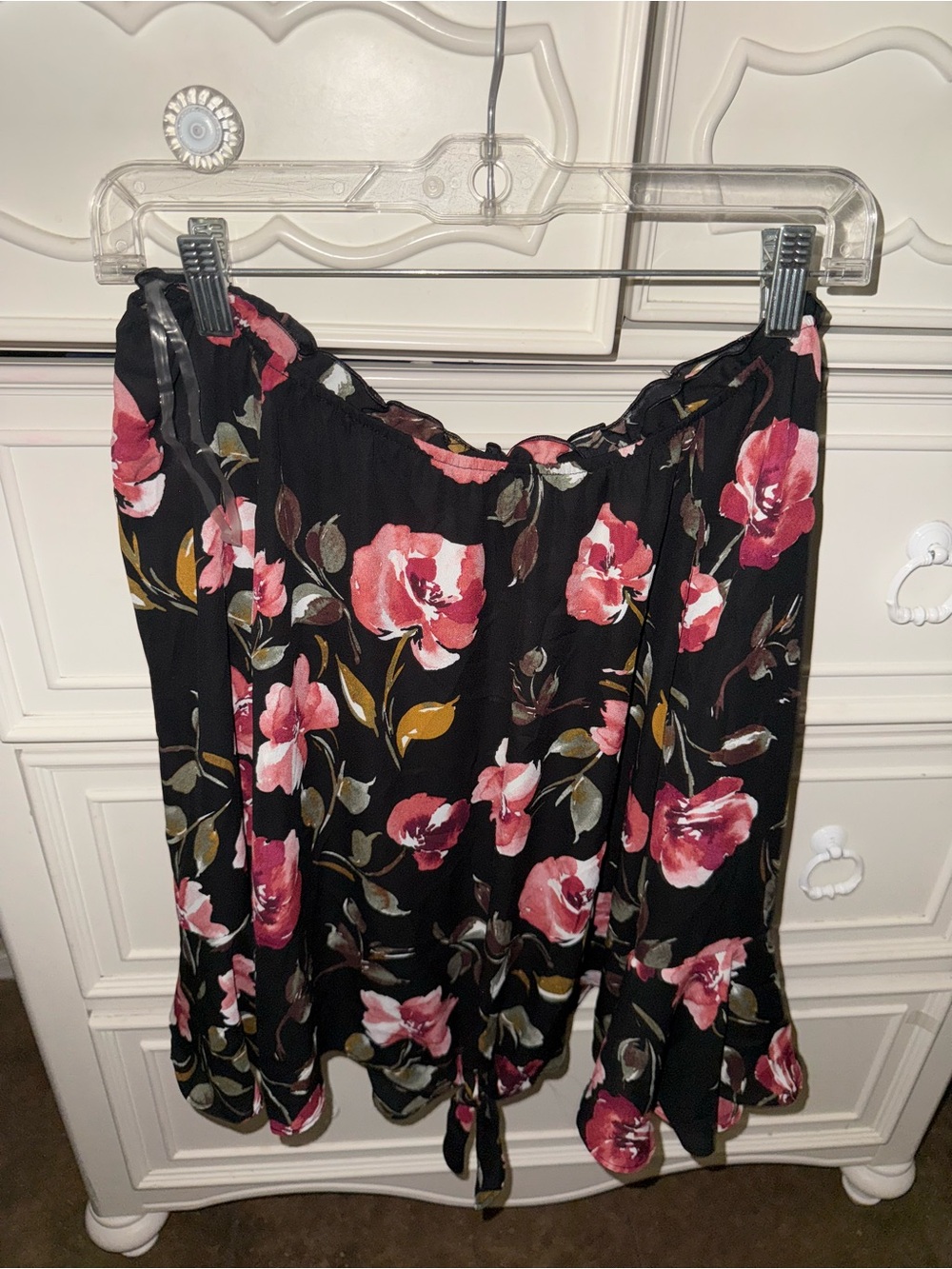 Floral Tiered Black Off the Shoulder Shirt with Pink Rose Print